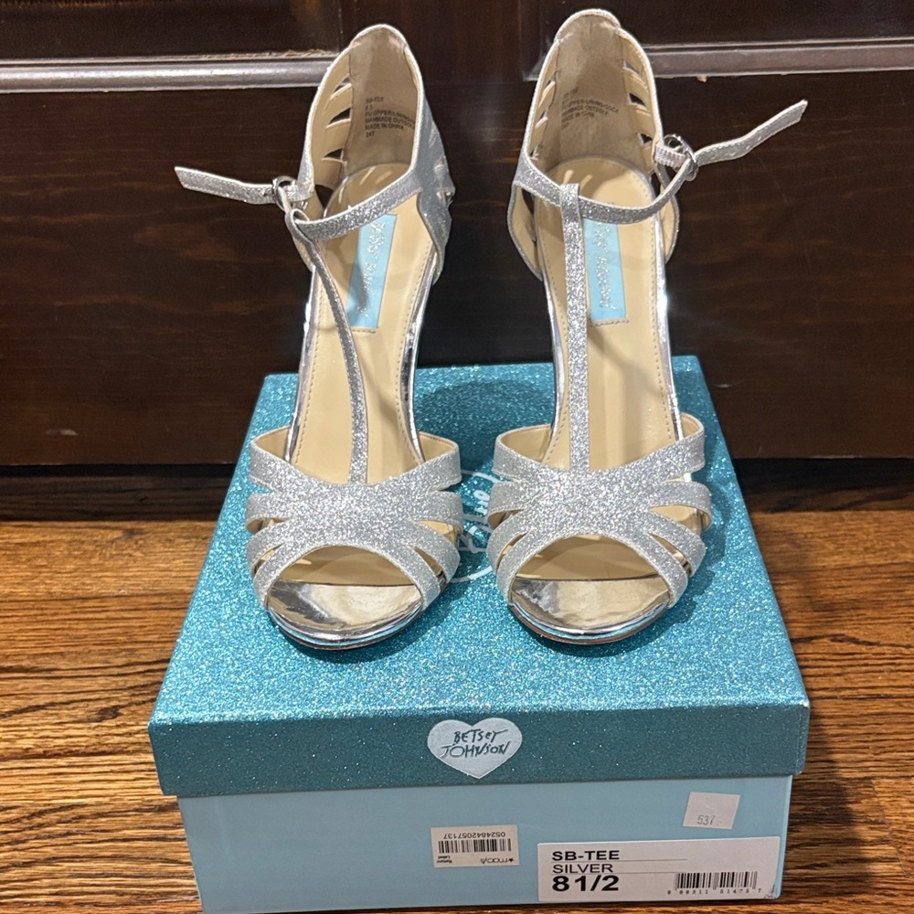 Betsey Johnson Silver Glitter T-Strap Heels